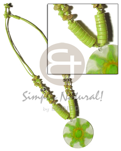 2 layer knotted lime green cord  buri & coco pokalet accent  and 40mm  handpainted round capiz pendant - Home