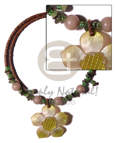 2-3mm reddish brown coco heishe wire choker  buri seeds  accent and 45mm graduated yellow hammershell flower   grooved  nectar pendant - Home