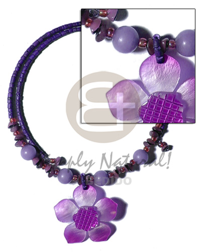 2-3mm navy blue coco heishe wire choker  buri seeds  accent and 45mm graduated lavender hammershell flower   grooved  nectar pendant - Home