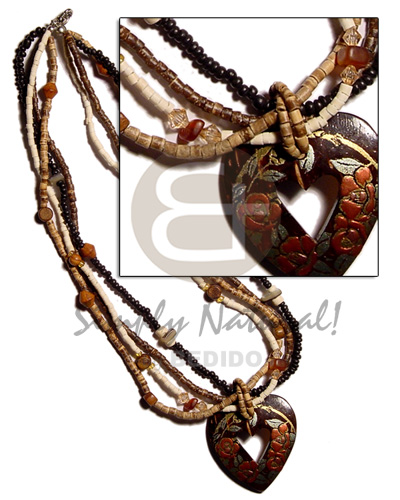 4 layer 2-3mm coco Pokalet./heishe  wood & shell beads, horn accent & handpainted 40mm heart coco pendant - Home
