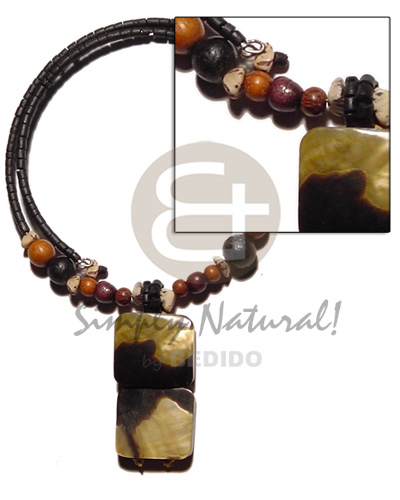 black 2-3mm coco heishe wire choker  buri & wood beads accent  dangling two 20mmx25mm rectangular blacklip tiger  resin backing pendant - Home
