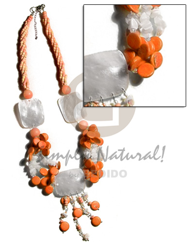 3 layers twisted light orange 2-3mm coco heishe  buri beads, coco sidedrill, shell chips , 3 pcs. 30mmx25mm rectangular nat. hammershell / tassled - Home