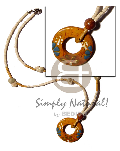 2-3mm coco heishe bleach  bonium shell, wood beads combination & 35mm round ing coco handpainted pendant - Home