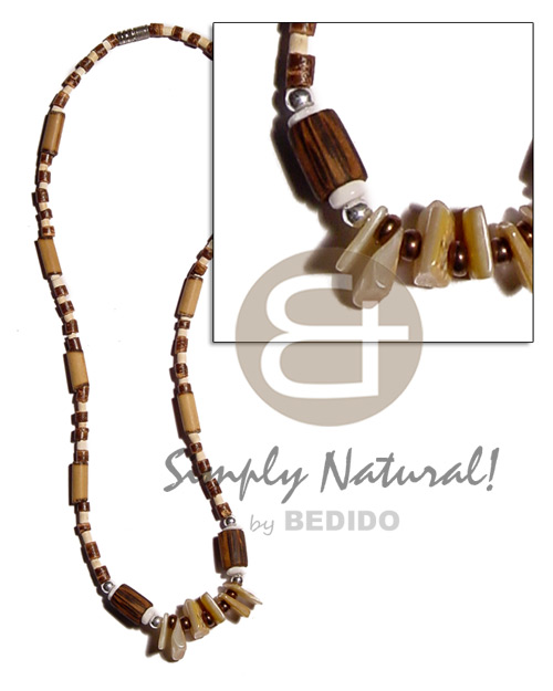 2-3mm coco heishe nat. brown/bleach, palmwood  bamboo  burning & sq. cut hammershell accent - Home