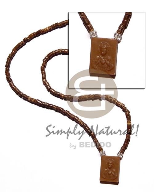 2-3mm coco heishe nat. brown  embossed jesus in resin /scapular - Home