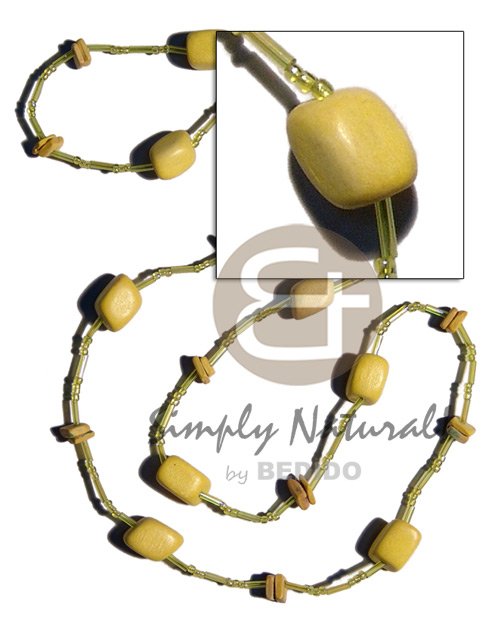 yellow wood beads/ coco square cut combination in glass beads neckline / 36 in - Home