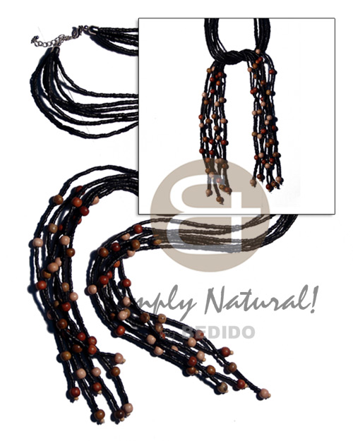 scarf necklace - 6 rows 2-3mm coco heishe black  8mm asstd. round wood beads accent / 44 in. - Home