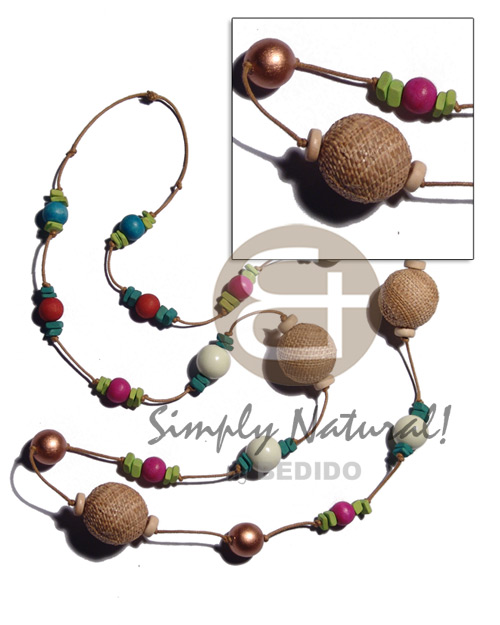 25mm abaca wrapped wood beads  multicolored wood beads and coco square cut accent in tan wax cord / 42 in - Home