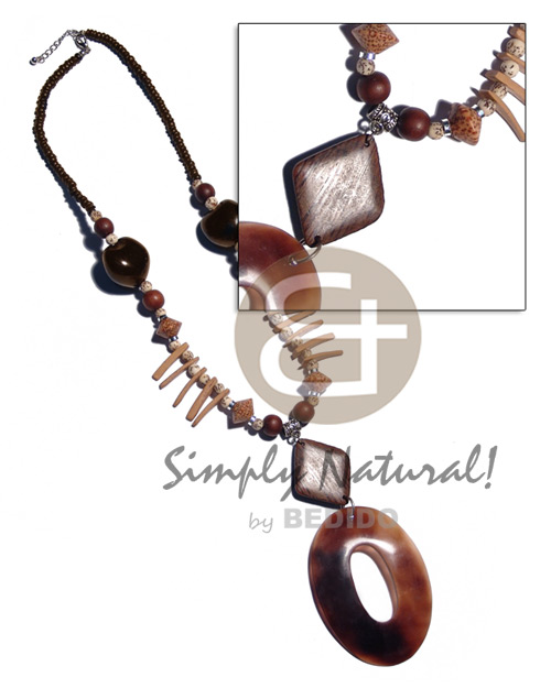 4-5mm brown coco Pokalet.  brown kukui nuts, coco sticks, buri tiger seed, asstd. wood beads and dangling diamond 35mmx40mm palmwood & 80mmx55mm oval ring black tab shell / 32 in. including pendant - Home