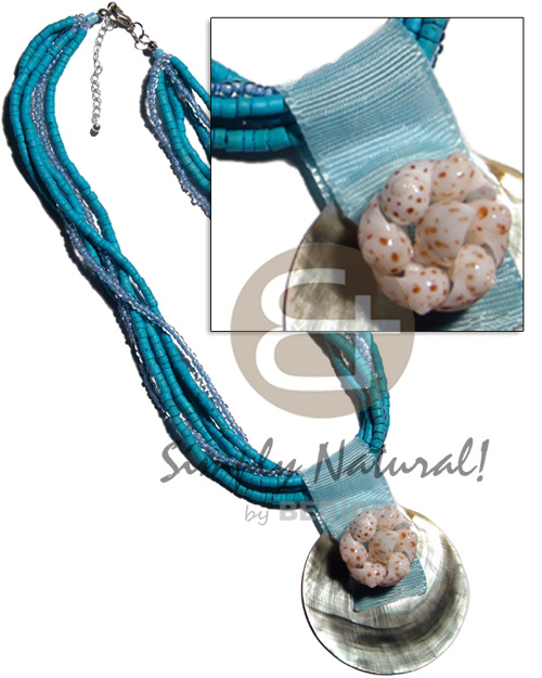 6 rows- aquamarine 2-3mm coco heishe, glass beads  50mm round blacklip pendant  riboon and shell accent - Home