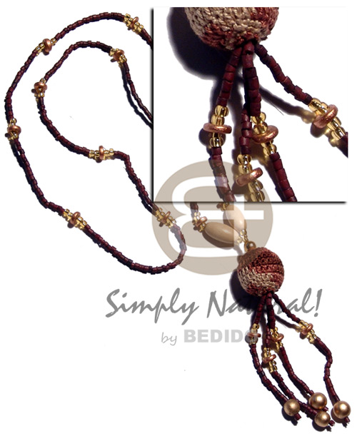 2-3mm coco heishe in reddish brown tone  bronze 7-8mm coco Pokalet. & gold wood and glass beads accent  tassled 25mm wrapped wood beads / 32 in. - Home