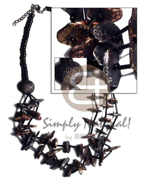 graduated 3 layers 4-5mm coco Pokalet & cut beads  black coco chips in 2 metallic splashing tones - bronze & silver - Home