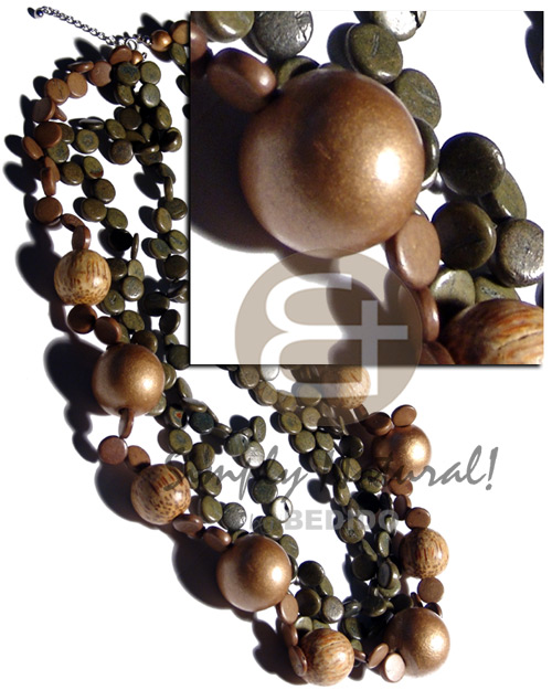3 rows 10mm coco sidedrill in olive green tones  25mm round nat. wood beads in subdued gold and 20mm palmwood beads / 26. - Home