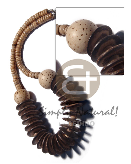7-8mm coco Pokalet. nat. white & 25mm coco disc tiger combination  25mm round wood beads accent / 20 in. - Home