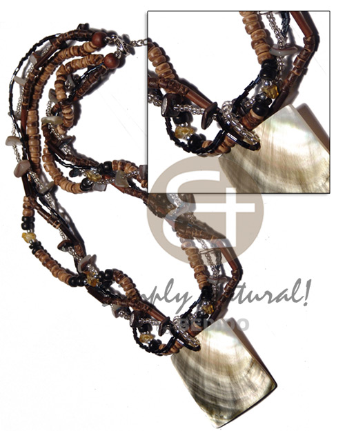 4 layers intertwined cut beads/4-5mm coco Pokalet. tiger/2-3mm coco heishe nat. brown   agsam bamboo & hammershell sq. cut accent and 40mm square blacklip pendant / 18 in. - Home