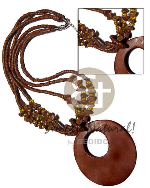 3 layers 2-3mm coco heishe  buri tiger nuggets and round 60mm wood oendant in golden brown tones - Home