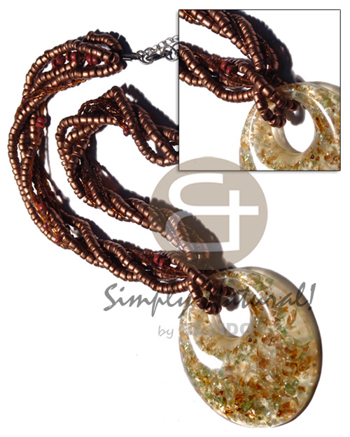 5 layers intertwined 4-5mm coco Pokalet. in metallic copper tones   glass beads and 75mm round laminated broken glass clear pendant / 20 in. - Home