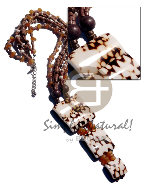 3 layers 2-3m mocca coco heishe  white clam and anber horn nuggets combination and dangling 3 pcs. square cowrie tiger shell  ( 35mm/30mm20mm ) double bar  resin backing / 18 in. neckline only - Home