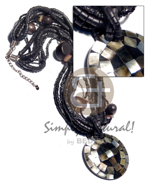 6 layers 2-3mm black coco heishe and cut beads  wood beads accent and 45mm round laminated blacklip in black resin - Home