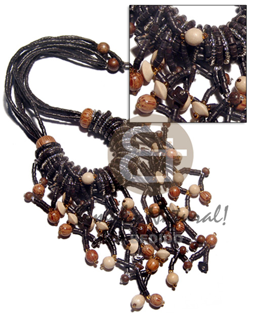 cleopatra / 5 rows 2-3mm black coco heishe   clear glass beads, nat. wood and  palmwood beads combination / 18in plus 5 in. tassle - Home