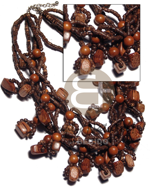 6 rows 2-3mm nat. brown coco heishe  asstd. looped bayong and palmwood beads / 16in - Home