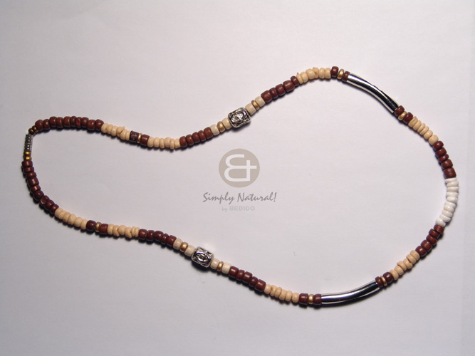 3 layers 2-3mm coco heishe 30mm robles rings/nat. white wood/mahogany accent and matching crushed coral stones in resin cylinder bars and 60mmx40mm teardrop pendant  dangling 20mm MOP ring / 24in - Home