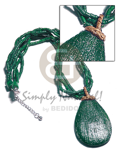 3 rows painted green intertwined 2-3mm coco heishe  matching 65mmmx40mm textured wood teardrop pendant  nito holder / 16in - Home