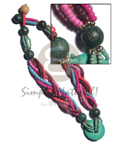 6 layers intertwined 4-5mm coco Pokalet  15mm round wood beads and gold ball rings  35mm flat wood disc ring accent / green,pink,fuschia,orange,reddish brown combination / 18in - Home