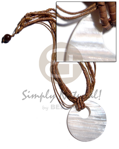 45mm round nat. kabibe shell pendant on 2 layers 2-3mm coco heishe/2layers wax cord/2layers cut glass beads /brown tones - Home