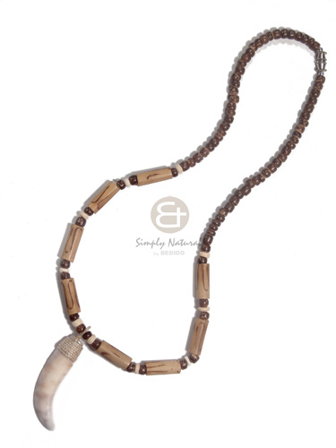 4-5mm coco Pokalet nat brown  bamboo tube  burning accent and cowrie fang shell pendant / 18in - Home