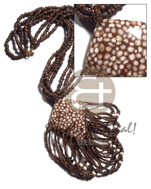 4 layers 4-5mm coco Pokalet na. brown  dangling laminated white mongo shells  brown resin and coco backing, metallic brown beads accent / 18in plus 2 in. dangling loops - Home