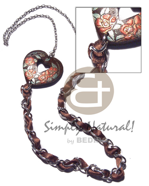 45mm coco heart nat.brown  embossed handpainting on metal chain  brown ribbon accent / 27in /  lobster lock - Home