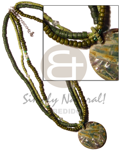 3 layered coco Pokalet in green tones/acrylic crystals and paua round shell pendant - Home