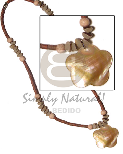 2-3 coco heishe dark tan  rosewood beads, buri nuggets and 35mm scallop brownlip pendant - Home