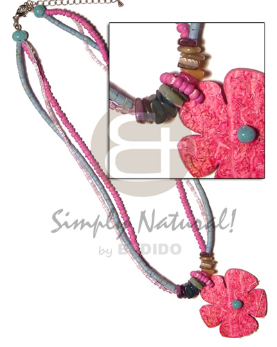 3 rows aqua blue 2-3 coco hse, 2-3mm pink coco Pokalet. /glass beads  coco pink flower pend./multicolored hammershell - Home