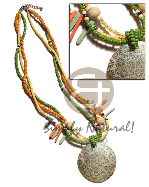 3 rows 2-3mm coco Pokalet. yelloorange /green  coco sticks,wood beads & 40mm handpainted hammershell round pendant - Home