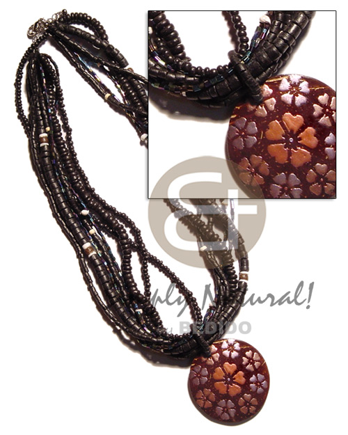 7 rows 2-3mm & 4-5mm coco Pokalet./heishe black  glass beads & 50mm round coco handpainted pendant - Home