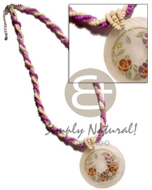 twisted 2-3mm coco Pokalet. lavender/bleach/cut beads  40mm handpainted capiz round pendant - Home