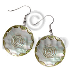 dangling 35mm round kabibe shell, handpainted, embellished  embossed metallic gold line accent - Home