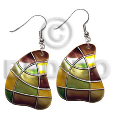 dangling handpainted and colored round 40mm kabibe shell pendant embellished  elevated /embossed metallic paint accent lines / brown/gold/green tones - Home