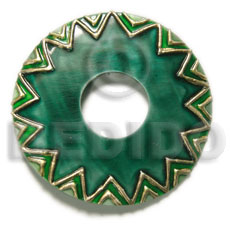 handpainted and colored 45mm donut ring  15mm hole kabibe shell pendant embellished  elevated /embossed metallic paint accent lines / green and gold tones - Hand Painted Pendants