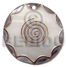 handpainted and colored round 55mm kabibe shell pendant embellished  elevated /embossed metallic paint accent lines / nat. white, gray and gold tones - Hand Painted Pendants