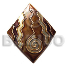 handpainted and colored diamond 48mmx40mm kabibe shell pendant embellished  elevated /embossed metallic paint accent lines / brown and gold tones - Hand Painted Pendants