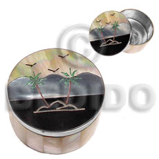 stainless metal round  shell casing  inlaid MOP,blacktab & other shells/island tree design - Home