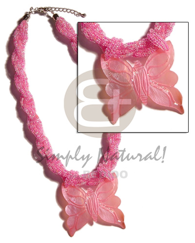 12 rows pink twisted glass beads  50mm pink hammershell butterfly pendant - Home