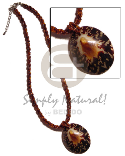 3 rows  twisted brown glass beads  40mm oval limpit shell pendant - Home