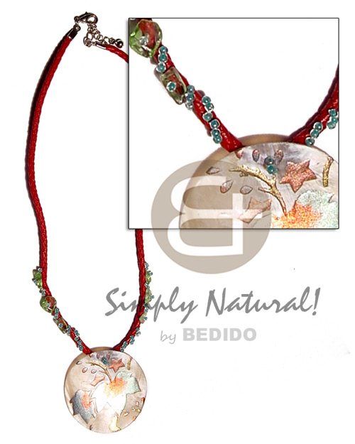 braided wax cord  resin chip & glass beads accent & round 40mm handpainted hammershell pendant - Home