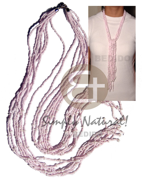 scarf necklace - 7 rows light pink glass beads  tassled white clam / 36 in. - Home