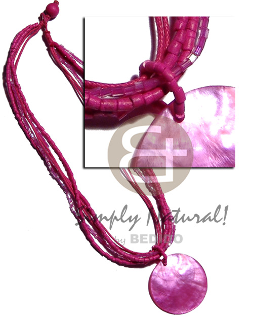 6 rows-2-3mm pink tones coco heishe, glass beads & wax cord neckline  40mm  round matching hammershell pendant - Home