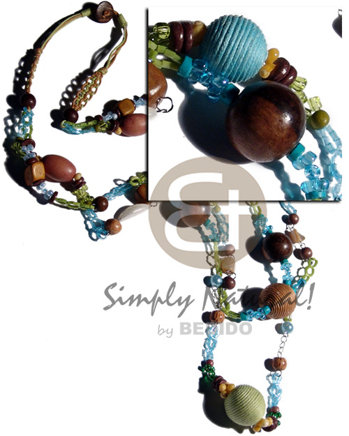 2 layers chained cut glass beads  asstd. wood beads, robles 20mm round wood beads, wrapped 20mm wood beads, troca garlic shells and wax cord macrame / 36 in. - Home